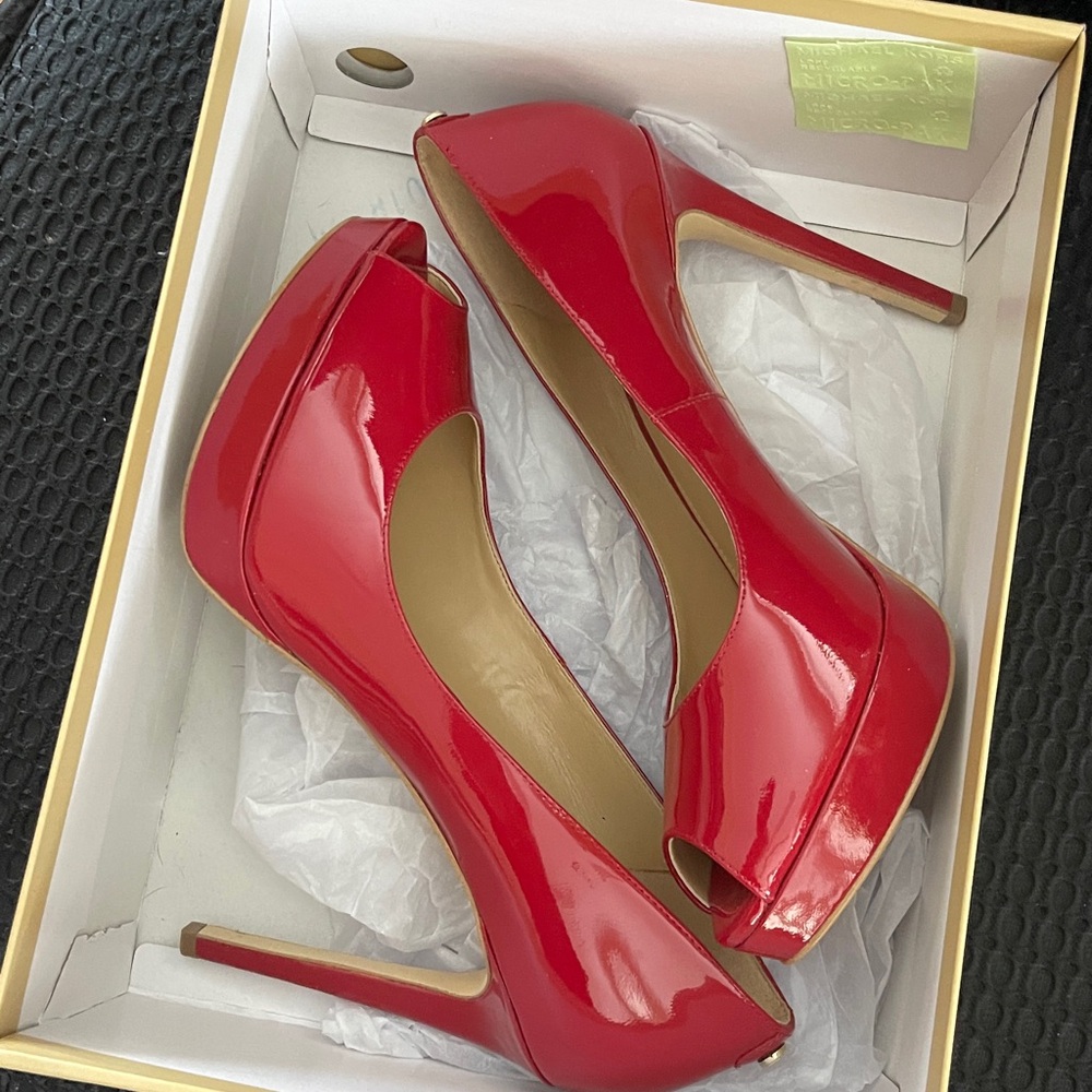 Michael Kors Cherry Red Peep Toe Heels - Picture 2 of 5